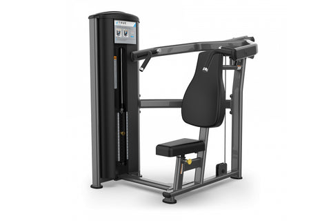 Black and gray TRUE Shoulder Press machine with padded seat and back support on white background