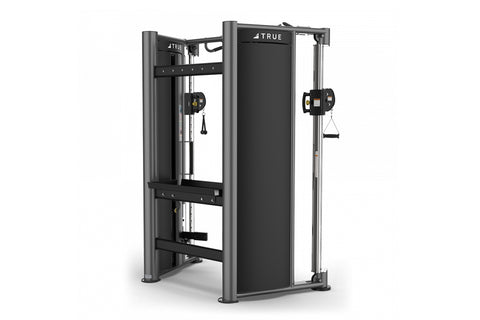 TRUE FT-900 Functional Trainer with dual cable stations, black frame, and adjustable pulleys on white background