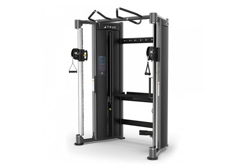 TRUE FT-900 Functional Trainer with dual cable stations, black frame, and adjustable pulleys on white background