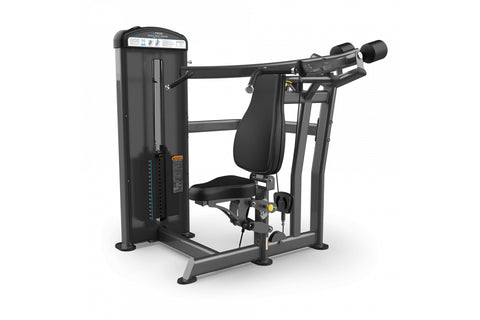 Black and gray TRUE FUSE-0700 shoulder press machine with padded seat and adjustable arm lever on white background