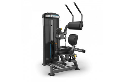 Black abdominal exercise machine with padded seat, dual handles, and weight stack on white background