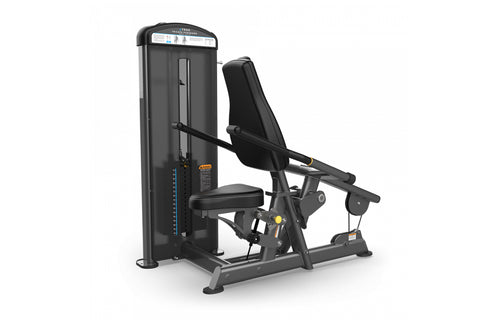 Black commercial tricep pushdown machine with padded seat and handles, on white background