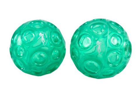 Pair of green textured balls with embossed circular and grip patterns, displayed on white background