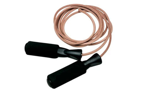 Warrior speed rope with tan leather cord and black foam-grip handles on white background