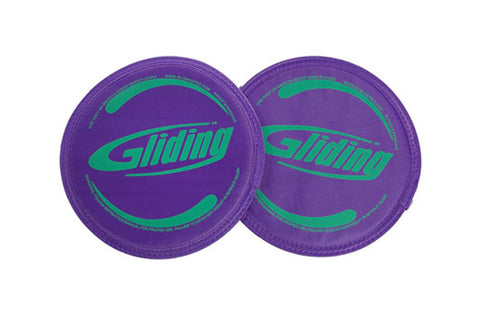 Pair of purple gliding discs with green "Sliding" text and circular design on white background