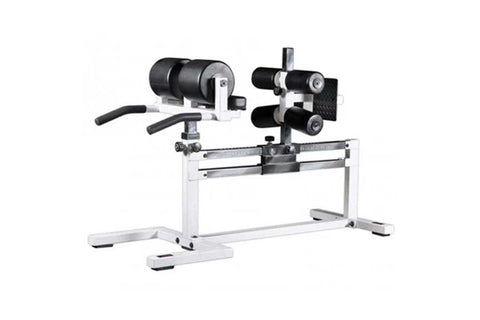 White and black leg exercise machine with padded rollers and adjustable seat on white background