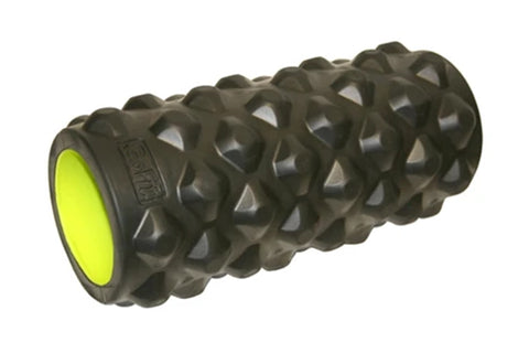 Black textured foam massage roller with neon yellow end cap, featuring geometric grip pattern for muscle recovery