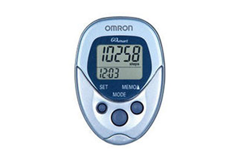 Omron Go Smart Pocket Pedometer with light blue casing, dark blue display showing step count, and three control buttons on wh