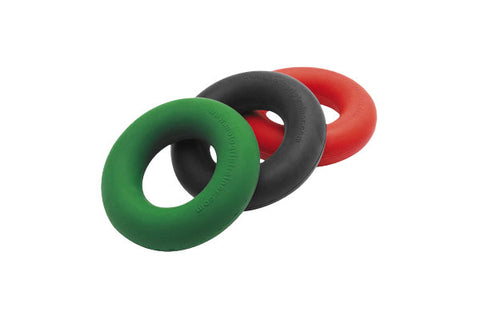 Three foam grip trainer rings in green, black, and red, overlapped on white background
