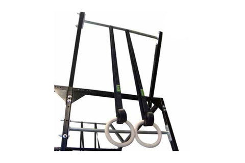 Black metal suspension tower with adjustable straps and white gymnastic rings on white background