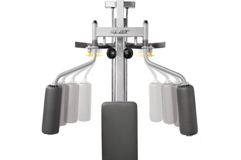 HOIST Pec Dec Attachment with gray steel frame, black and gray padded arm bars, and cylindrical weight stack on white backgro