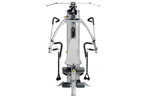 Hoist V4-Select Home Gym with silver frame, black handles, and black seat, overhead view on white background