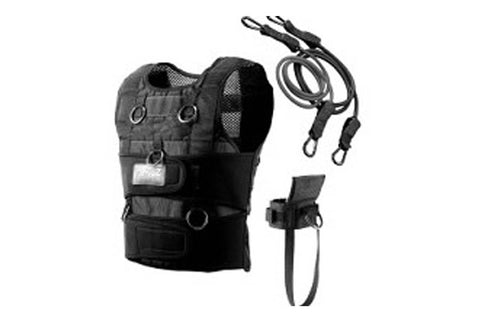 Black tactical training vest with mesh panels, metal D-rings, and patch pocket, displayed with matching shoulder straps on wh