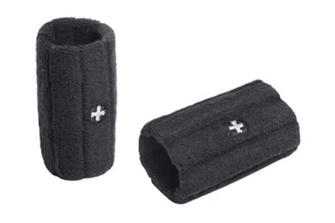 Black knit arm guards with white plus logo, shown in upright and angled views on white background