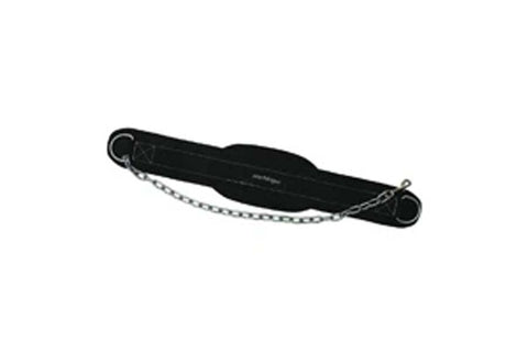 Black neoprene dip belt with silver metal chain attachment and D-rings, flat lay on white background