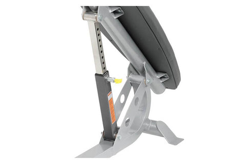 Hoist adjustable ab bench with gray padded seat, silver metal frame, and black handles on white background