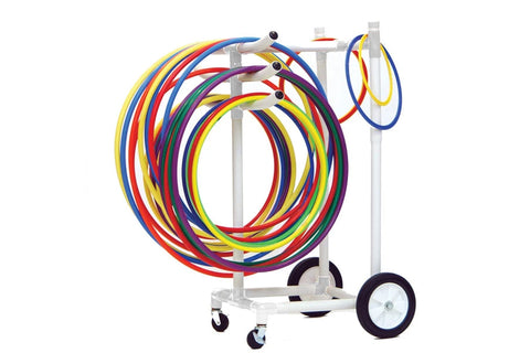Warrior Hoop Storage Rack holding multiple colorful hula hoops in red, blue, yellow, green and purple on white metal stand wi
