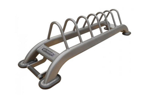 Warrior Horizontal Bumper Plate Rack with six curved bar holders, gray metal construction, on white background