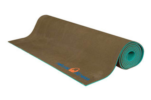 Olive green and turquoise reversible yoga mat rolled to show interior turquoise layer with brand logo on white background