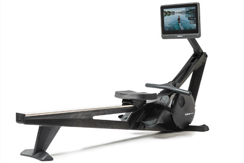 Black Hydrow Wave rowing machine with digital touchscreen monitor displaying water rowing simulation, on white background