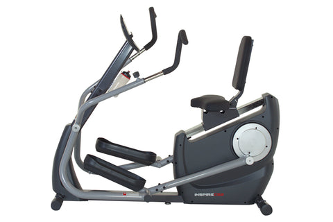 Black and silver elliptical cardio strider machine with padded seat, handlebars, and foot pedals on white background