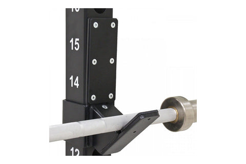 Black J-cup rack attachment with numbered markers and white grip bar inserted into metal sleeve on white background