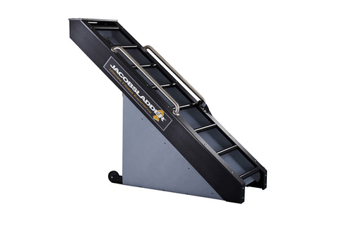Jacobs Ladder 2 climbing machine with black rails, gray base, and angled ladder steps on white background
