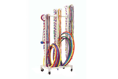 Warrior Jump Rope & Hoop Cart with multicolor jump ropes and hula hoops on metal stand with wheels, flat lay on white backgro