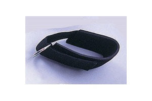 Black nylon thigh strap with D-ring attachment and adjustable white strap on white background