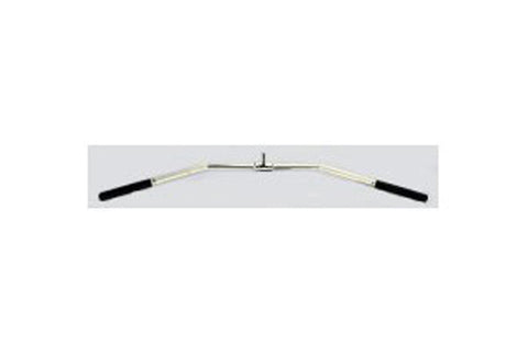 Warrior Revolving 48-inch hollow deep bent lat bar with black grip handles and chrome center collar on gray background
