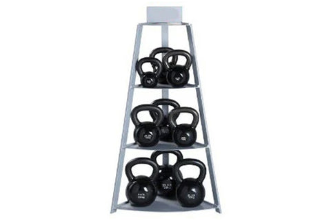 Gray metal kettlebell rack with three shelves holding six black kettlebells of varying weights, displayed on white background