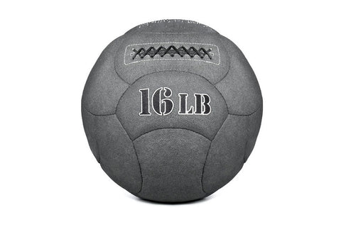 Dark gray Kevlar medicine ball with "16 LB" text and stitched seams, on white background