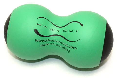 Green and black foam roller with wavy hourglass shape, "knotout" branding and website text printed on surface
