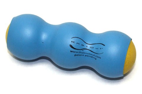 Blue and yellow peanut-shaped massage roller with curved design and branding on white background
