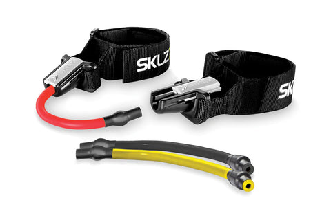 SKLZ Lateral Resistor Pro resistance band with black nylon cuffs and yellow elastic cord on white background