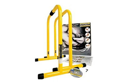 Bright yellow parallel bars equalizer system with black grip handles and feet, displayed with instruction manual and DVD on w