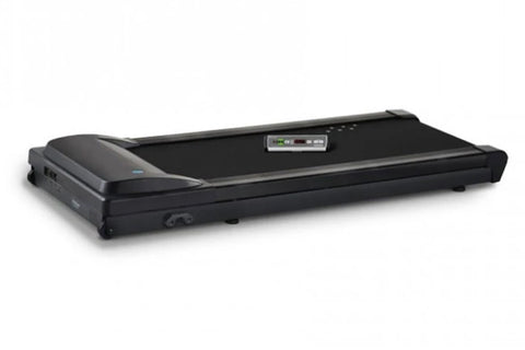 Black under-desk treadmill with curved motor housing on left, black running belt, digital control panel, and gray trim on whi