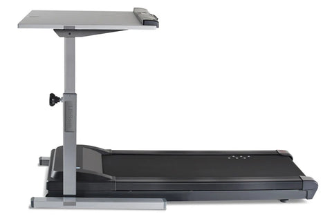 LifeSpan TR5000-Classic treadmill desk with black running belt, gray frame, adjustable desk surface, and control panel, shown
