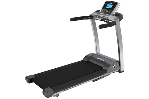 Life Fitness F3 folding treadmill with silver frame, black running deck, and digital console display on white background