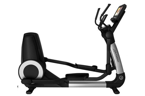 Black and gray elliptical cross-trainer with tablet holder mounted on console, displayed on white background