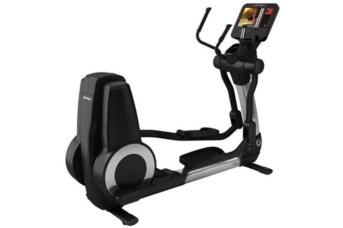 Black and gray elliptical cross-trainer with tablet holder mounted on console, displayed on white background