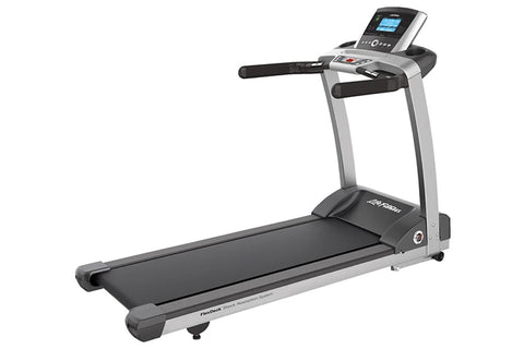 Life Fitness T3 treadmill with silver frame, black running deck and handrails, digital console display on white background