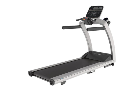 Life Fitness T5 treadmill with silver frame, black running deck and console display on white background