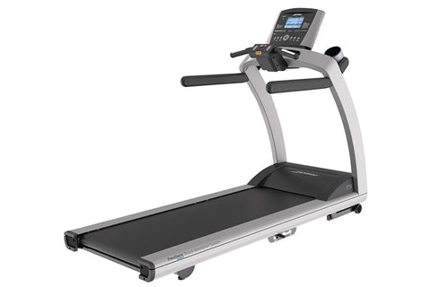 Life Fitness T5 treadmill with silver frame, black running deck and console display on white background