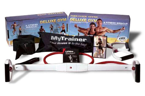 Lifeline Deluxe Portable Gym system with white resistance bar, red and black bands, black carrying bag, and instruction guide
