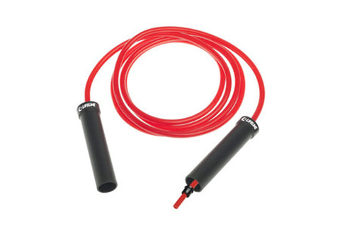 Lifeline weighted speed rope with red cord and black foam handles on white background