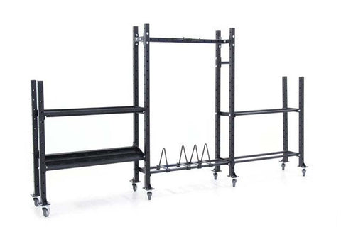 Black metal weight storage rack system with multiple shelves and built-in barbell holders, mounted on locking caster wheels