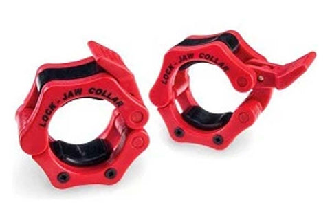 Pair of red Lock Jaw Collars with black interior grip and text detailing, shown on white background