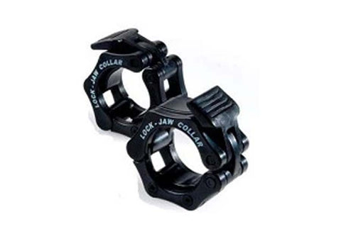 Pair of black lock jaw barbell collars with curved clamp design on white background