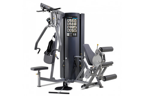 TRUE MP 2.0 multi-station gym machine with black frame, digital display, and multiple exercise attachments on white backgroun
